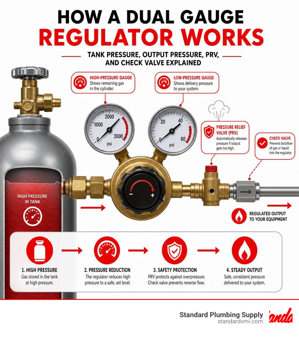 How a dual gauge regulator works: tank pressure, output pressure, PRV, and check valve explained infographic How a dual gauge regulator works: tank pressure, output pressure, PRV, and check valve explained infographic