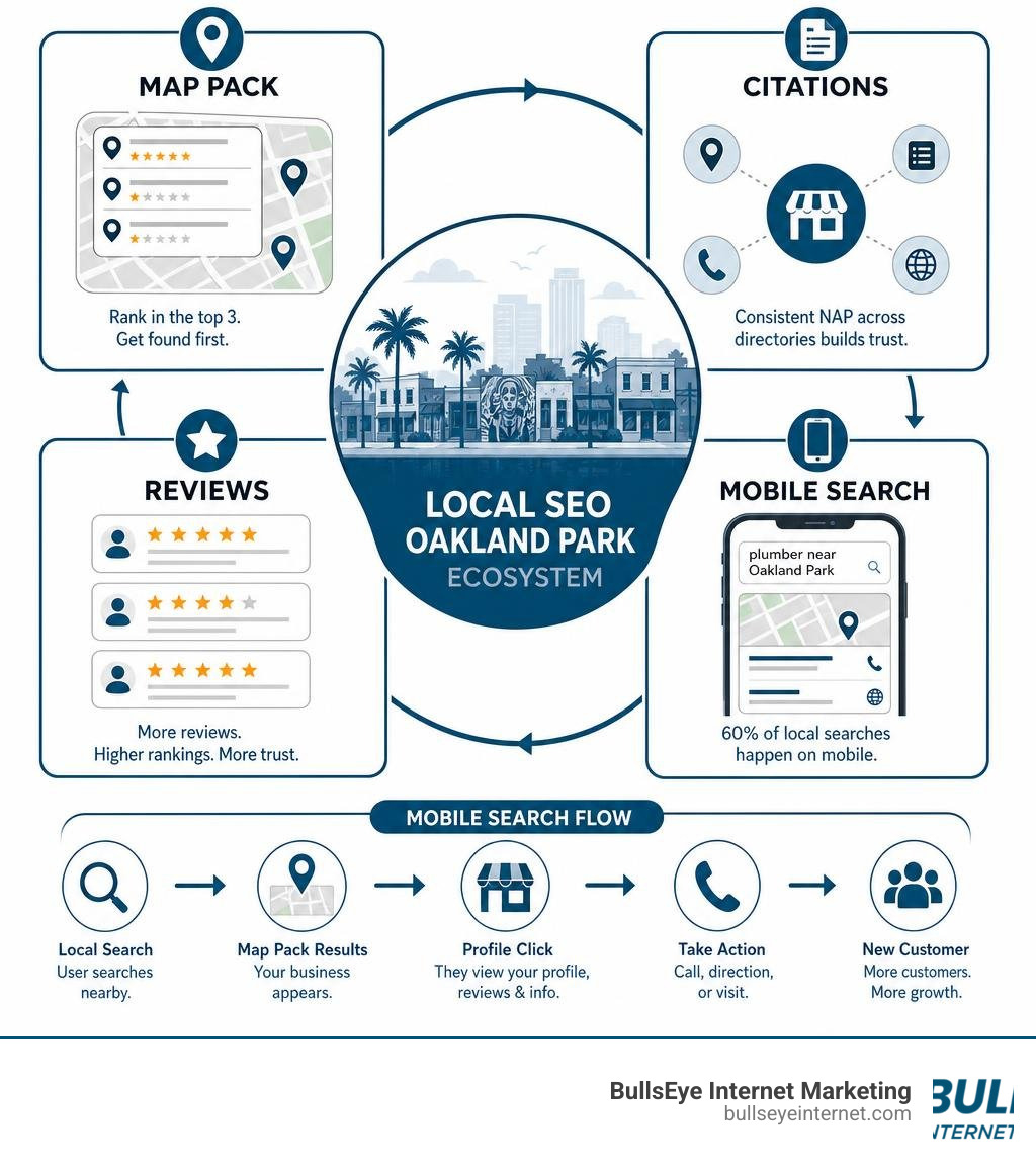 local SEO Oakland Park ecosystem infographic showing Map Pack, citations, reviews, and mobile search flow infographic local SEO Oakland Park ecosystem infographic showing Map Pack, citations, reviews, and mobile search flow infographic