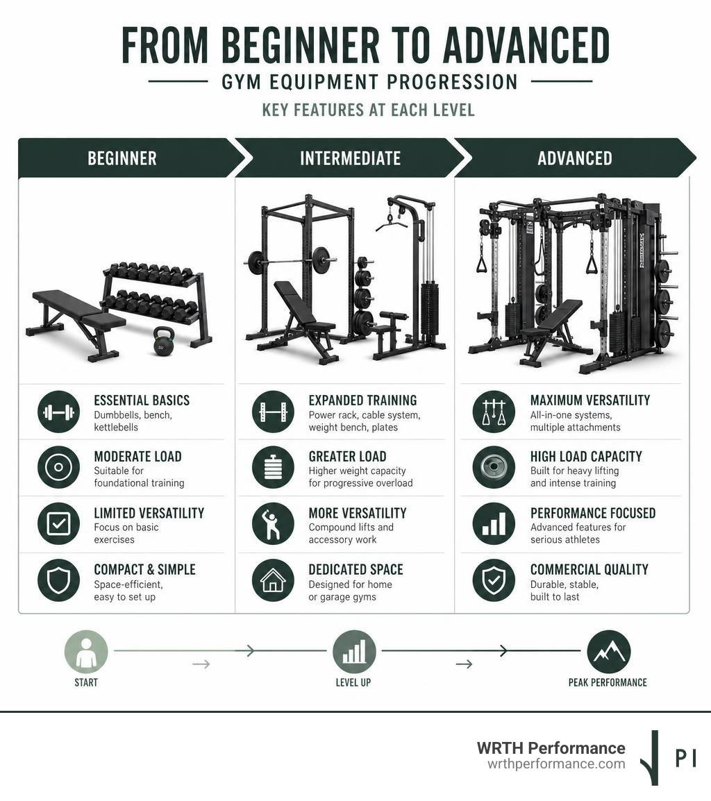 Progression from beginner to advanced gym equipment setups: key features at each level infographic Progression from beginner to advanced gym equipment setups: key features at each level infographic