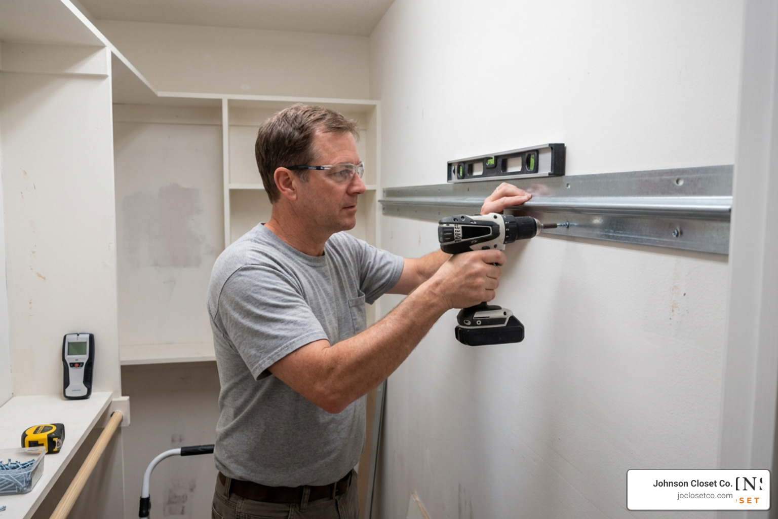 Installing the main suspension rail on wall studs Installing the main suspension rail on wall studs