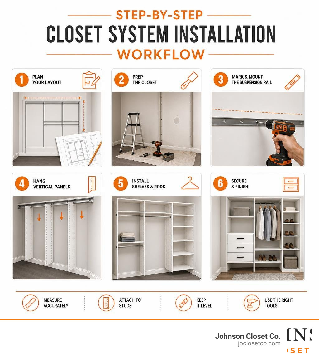 Step-by-step closet system installation workflow from planning to finishing infographic Step-by-step closet system installation workflow from planning to finishing infographic