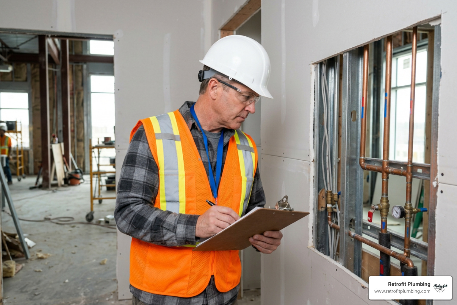 A commercial building inspector checking copper pipes behind open drywall