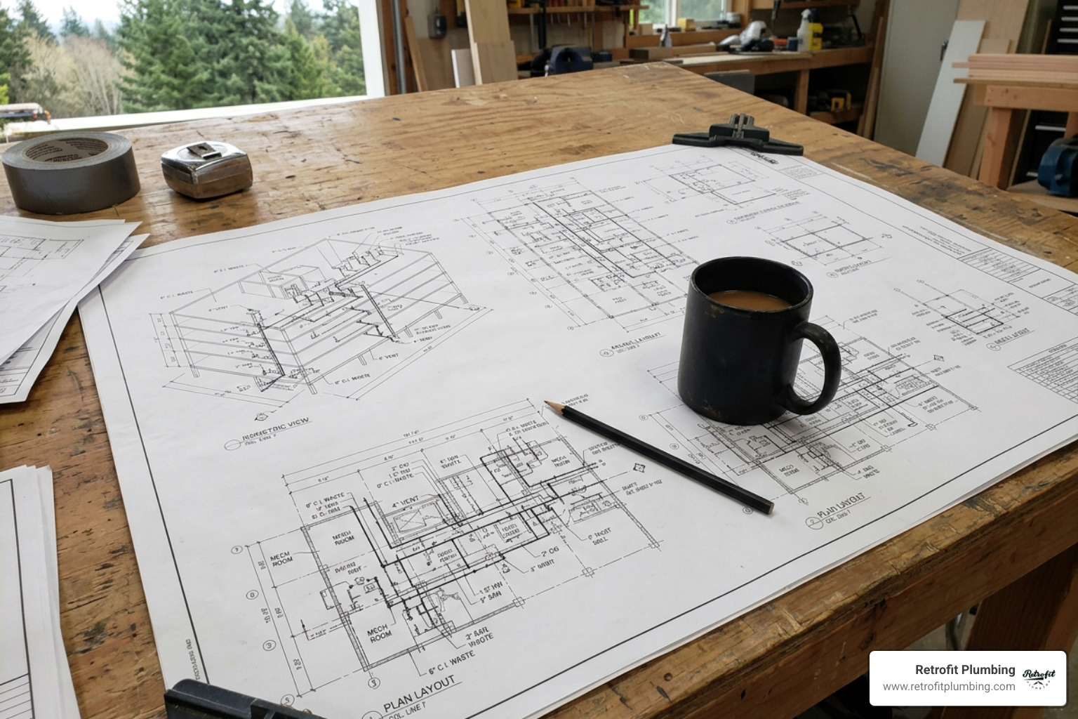 Commercial plumbing blueprint on a wooden table outlining a Pacific Northwest commercial real estate layout