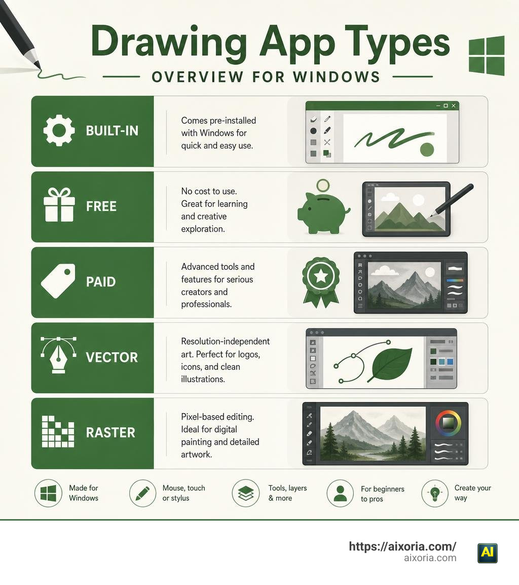 overview of drawing app types for Windows: free, paid, built-in, vector, raster infographic