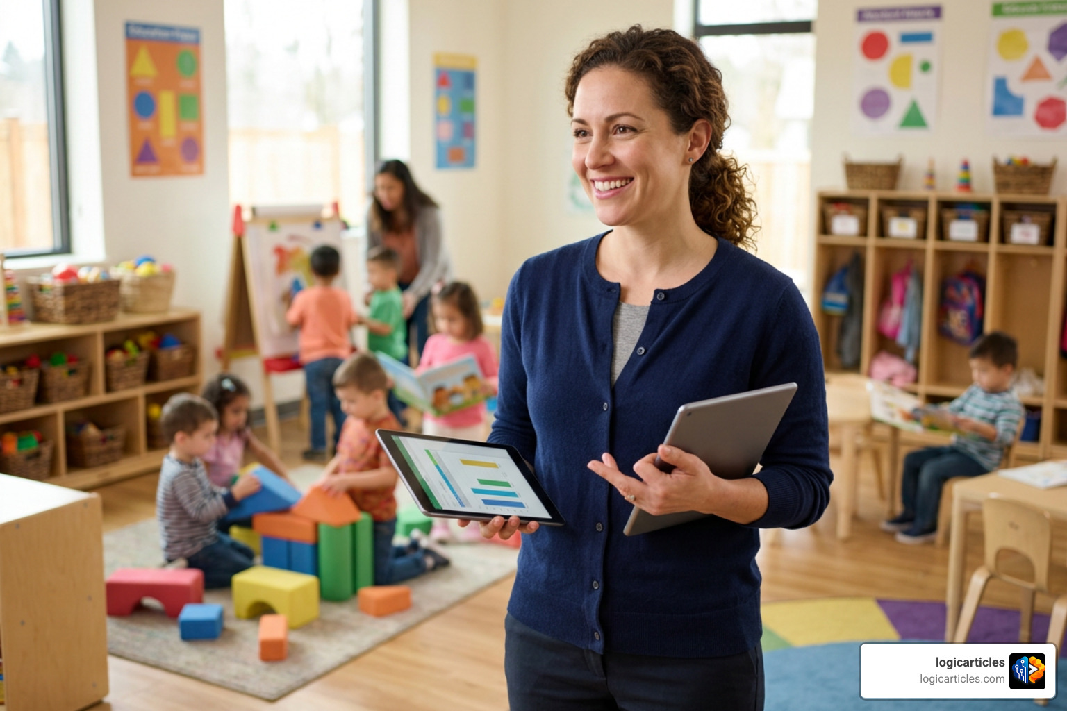 Daycare administrator using secure tablet to track classroom ratios Daycare administrator using secure tablet to track classroom ratios