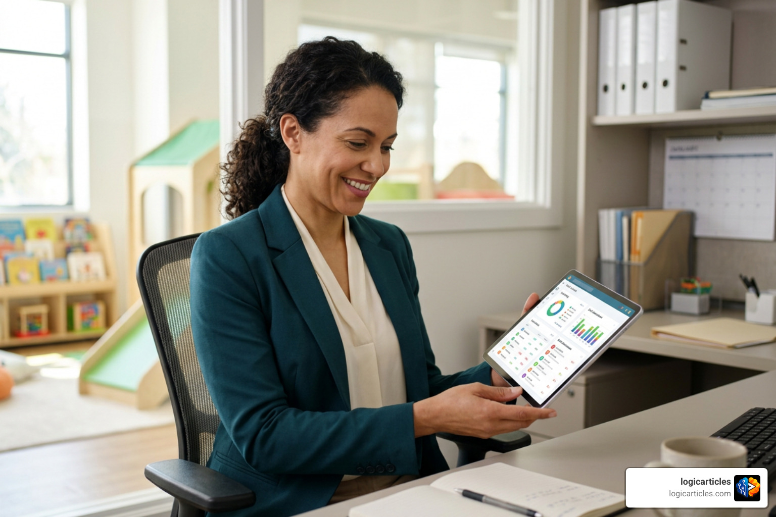 daycare director reviewing digital dashboard daycare director reviewing digital dashboard