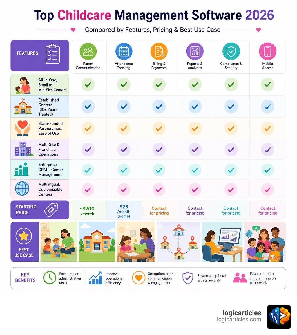 Top childcare management software 2026 compared by features, pricing, and best use case infographic Top childcare management software 2026 compared by features, pricing, and best use case infographic