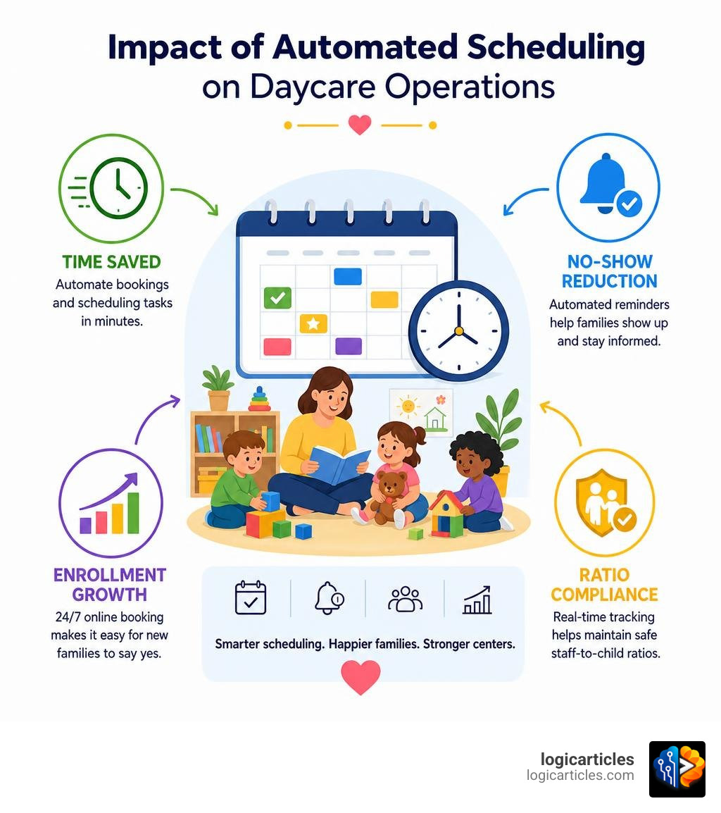 Impact of automated scheduling on daycare operations: time saved, no-show reduction, enrollment growth, ratio compliance Impact of automated scheduling on daycare operations: time saved, no-show reduction, enrollment growth, ratio compliance