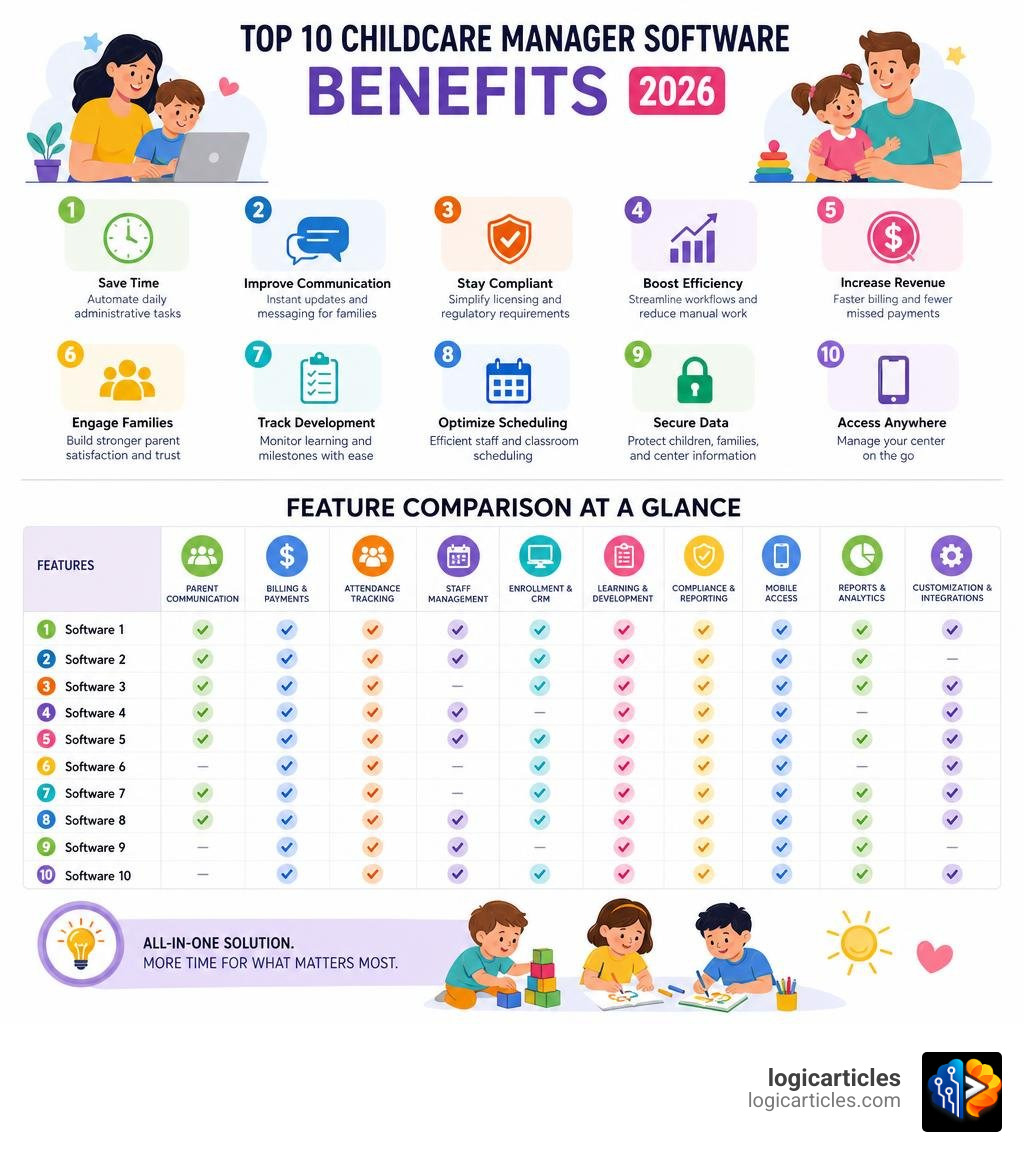 Top 10 childcare manager software benefits and feature comparison infographic for 2026 infographic Top 10 childcare manager software benefits and feature comparison infographic for 2026 infographic