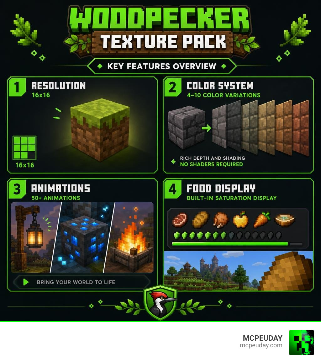 Woodpecker Texture Pack key features overview infographic: resolution, color system, animations, food display infographic Woodpecker Texture Pack key features overview infographic: resolution, color system, animations, food display infographic