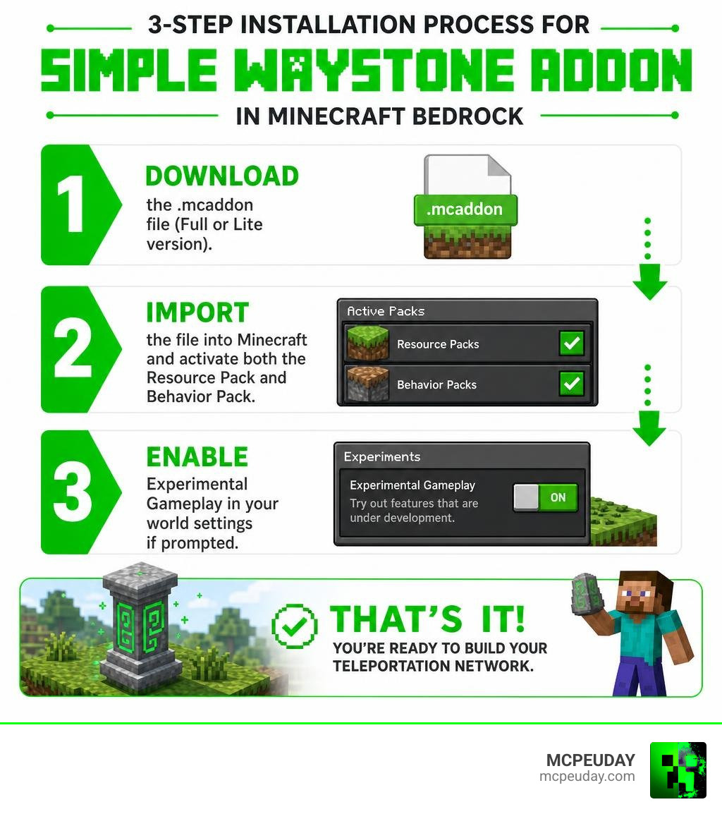 3-step installation process for Simple Waystone Addon in Minecraft Bedrock infographic 3-step installation process for Simple Waystone Addon in Minecraft Bedrock infographic