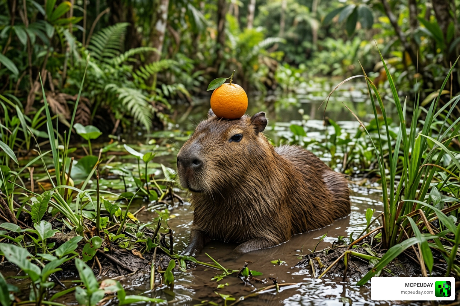 A cute Capybara sitting in the Pantanal biome with an orange on its head A cute Capybara sitting in the Pantanal biome with an orange on its head
