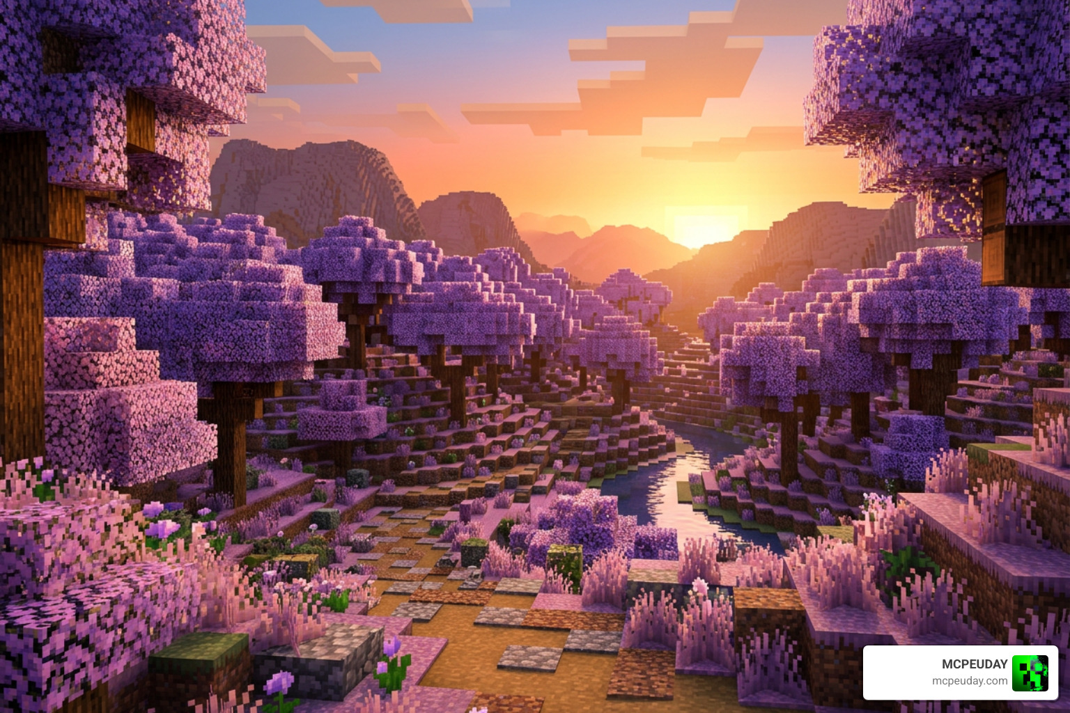 The vibrant purple Jacaranda Grove biome in the Wild Expansion Addon The vibrant purple Jacaranda Grove biome in the Wild Expansion Addon