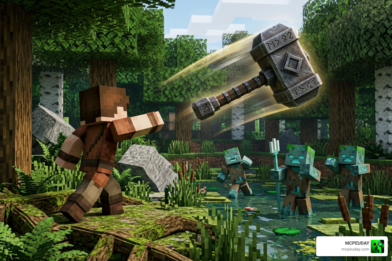 A player throwing a massive 3D hammer at enemies A player throwing a massive 3D hammer at enemies