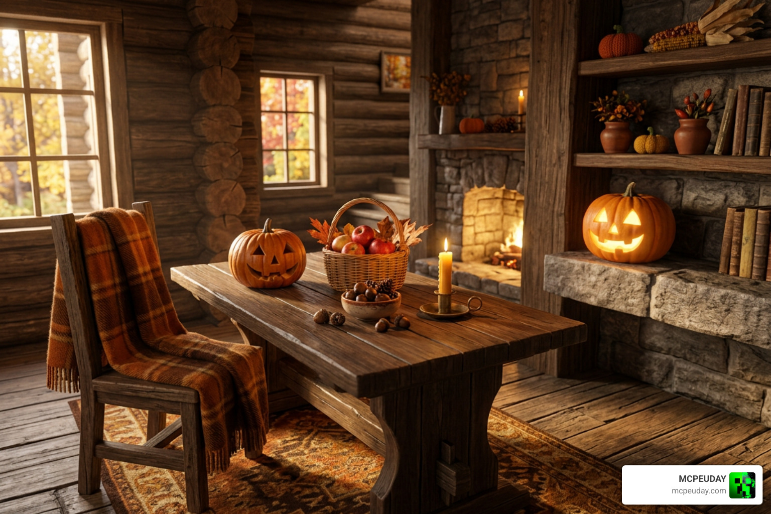 3D autumn furniture and decorations showcasing cozy vibes 3D autumn furniture and decorations showcasing cozy vibes