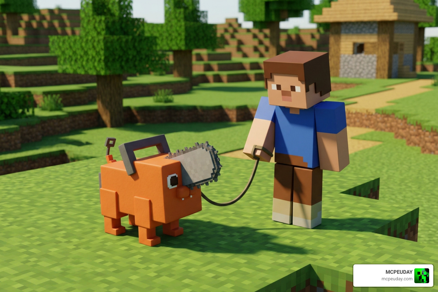 Pochita as a pet and tree-cutting tool in Minecraft Bedrock Pochita as a pet and tree-cutting tool in Minecraft Bedrock
