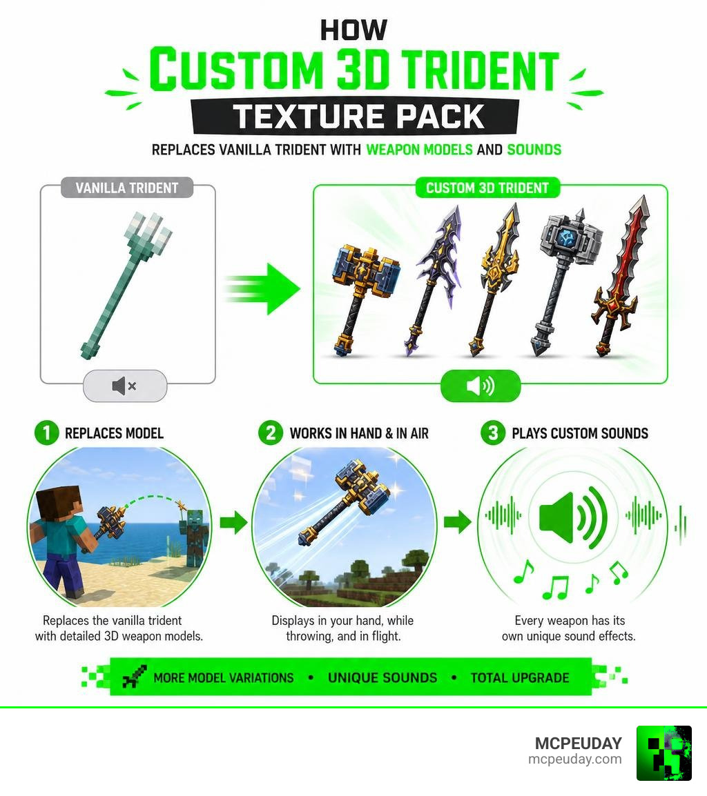How Custom 3D Trident Texture Pack replaces vanilla trident with weapon models and sounds infographic How Custom 3D Trident Texture Pack replaces vanilla trident with weapon models and sounds infographic