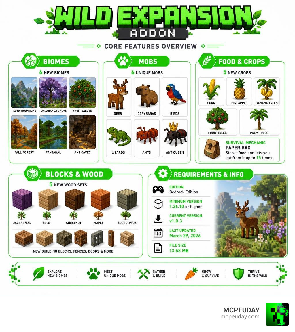 Wild Expansion Addon core features overview infographic: biomes, mobs, food, blocks, version requirements infographic Wild Expansion Addon core features overview infographic: biomes, mobs, food, blocks, version requirements infographic