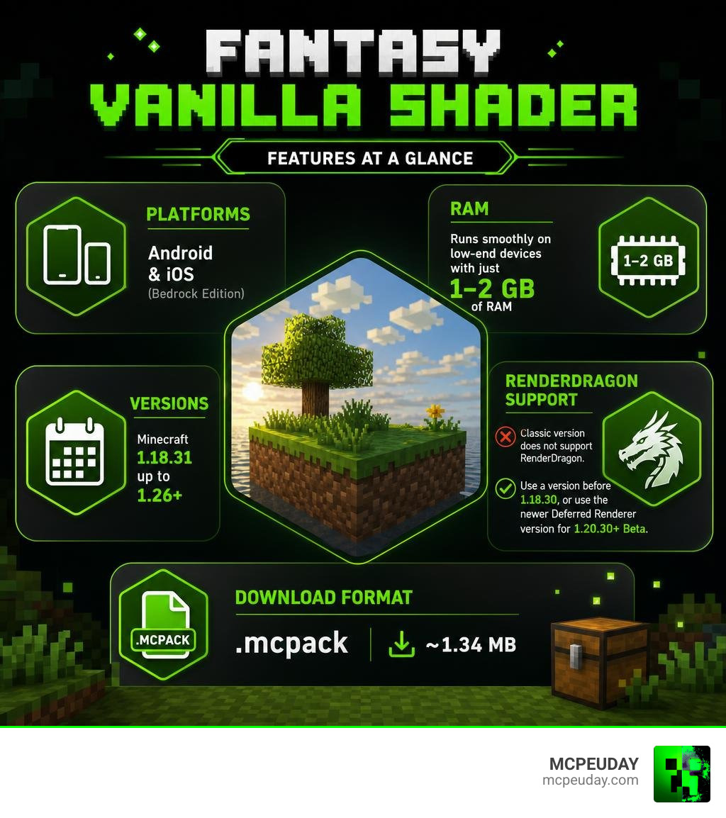 Fantasy Vanilla Shader features infographic: platforms, RAM, versions, RenderDragon support, and download format infographic Fantasy Vanilla Shader features infographic: platforms, RAM, versions, RenderDragon support, and download format infographic
