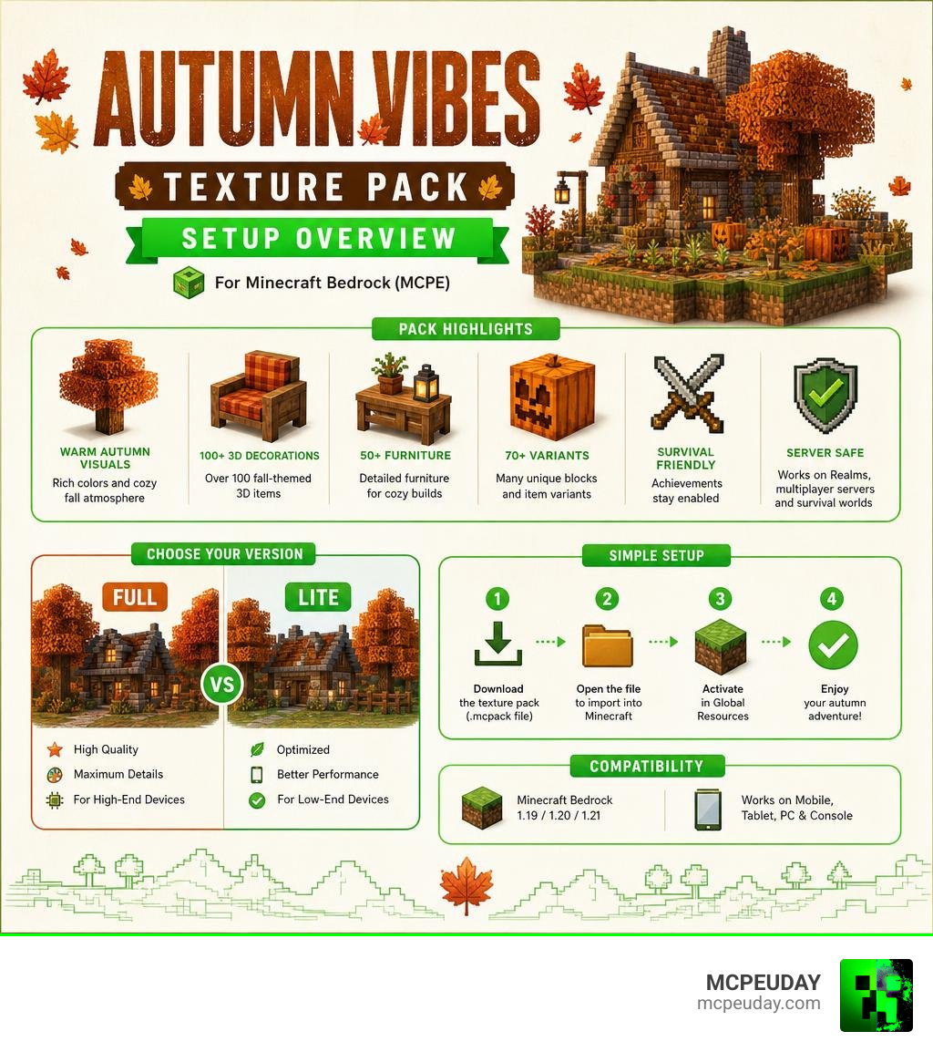 Autumn Vibes Texture Pack setup overview infographic for Minecraft Bedrock infographic Autumn Vibes Texture Pack setup overview infographic for Minecraft Bedrock infographic