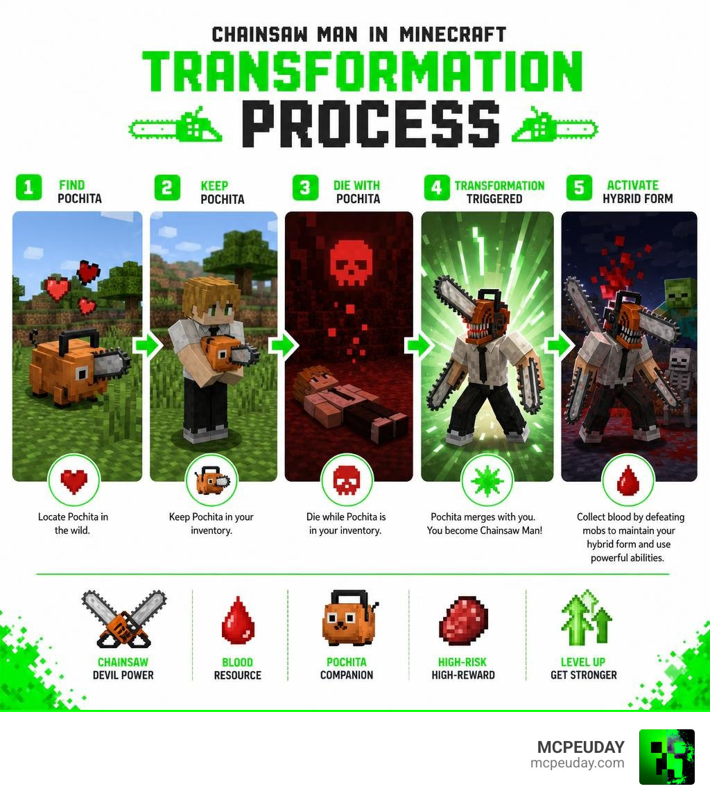Chainsaw Man Minecraft transformation process steps from finding Pochita to activating hybrid form infographic Chainsaw Man Minecraft transformation process steps from finding Pochita to activating hybrid form infographic