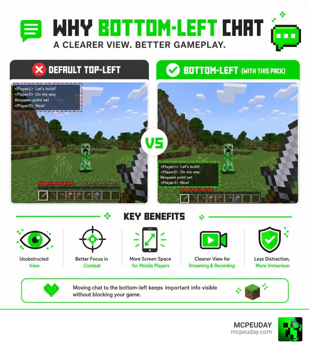 Benefits of bottom-left chat positioning in Minecraft Bedrock vs default top-left layout infographic Benefits of bottom-left chat positioning in Minecraft Bedrock vs default top-left layout infographic