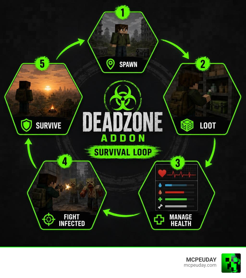 DeadZone Addon survival loop infographic: Spawn, Loot, Manage Health, Fight Infected, Survive infographic DeadZone Addon survival loop infographic: Spawn, Loot, Manage Health, Fight Infected, Survive infographic