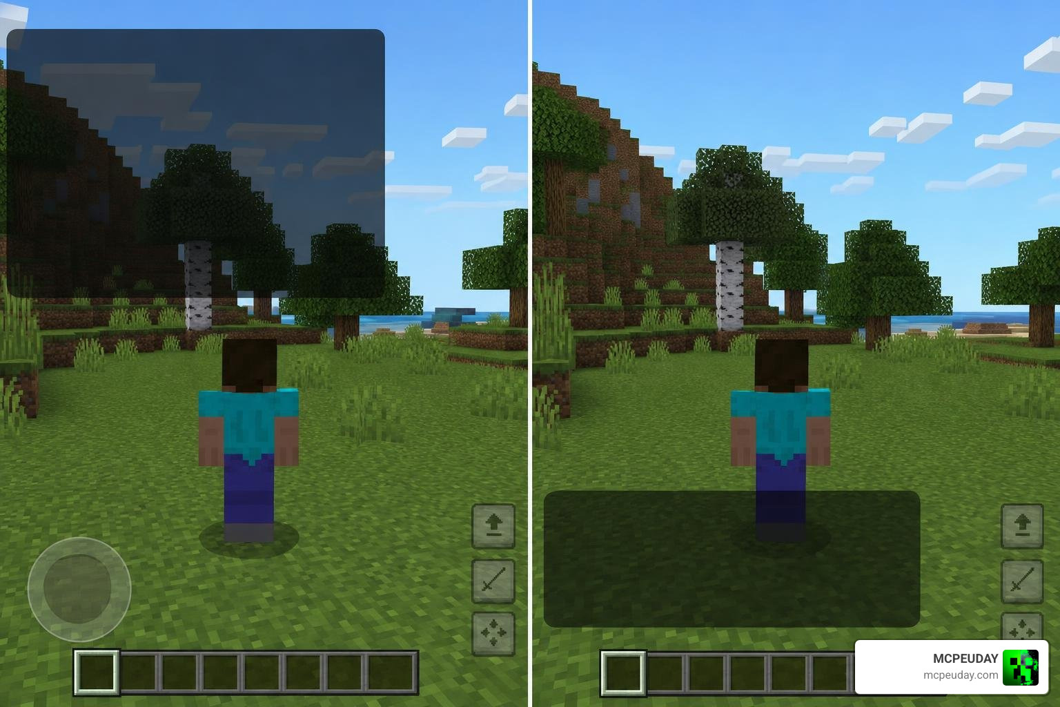 Comparison of default top-left chat vs bottom-left chat layout in MCPE Comparison of default top-left chat vs bottom-left chat layout in MCPE