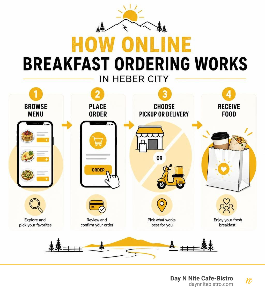 How online breakfast ordering works in Heber City: browse menu, place order, choose pickup or delivery, receive food