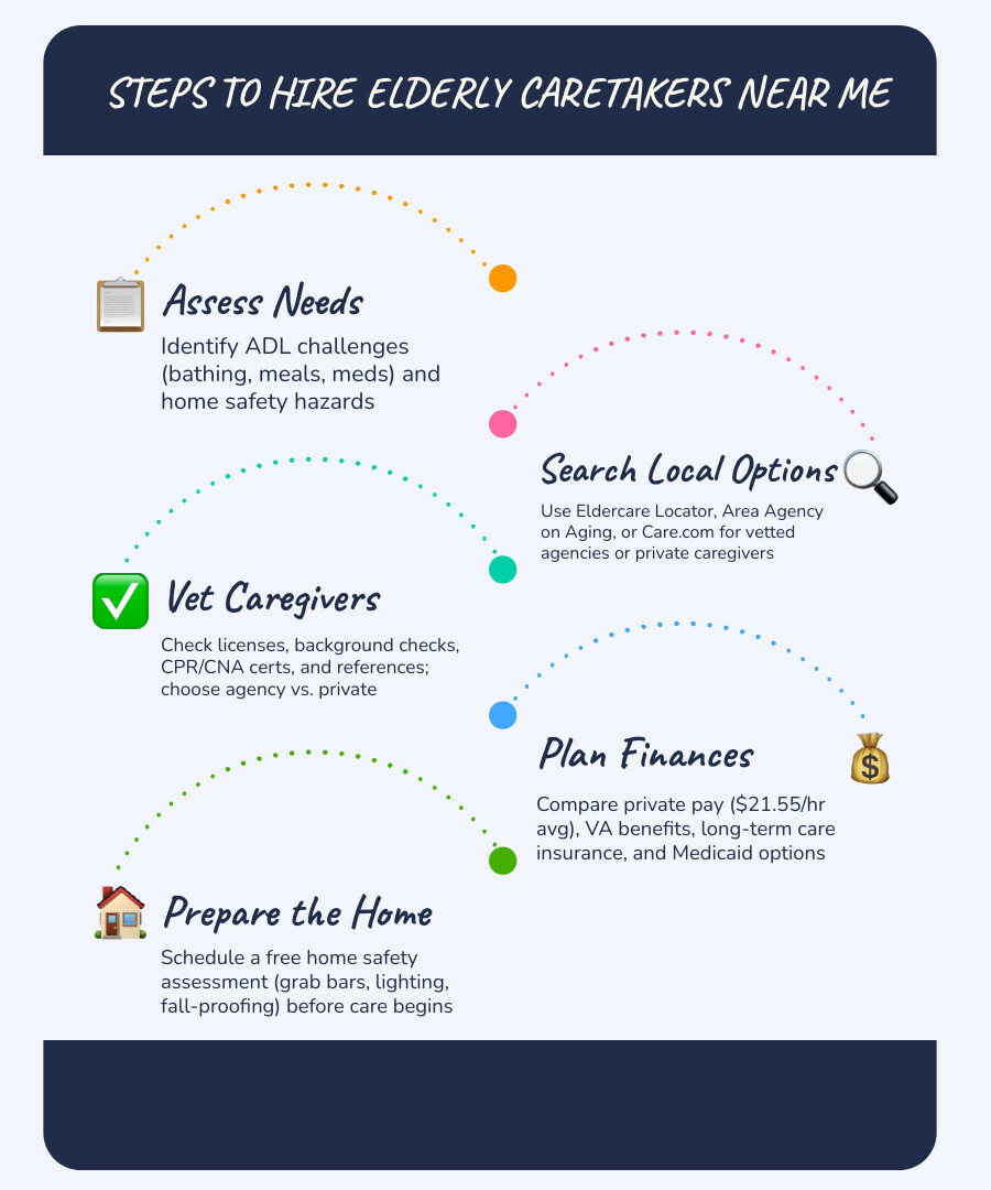 Steps to hire an elderly caretaker: assess needs, search local options, vet candidates, check finances, prepare the home