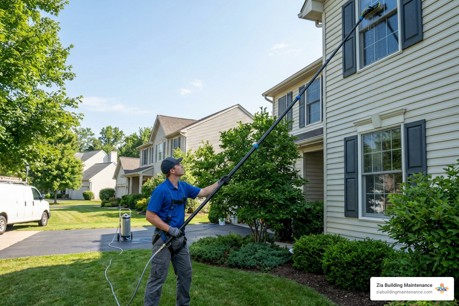technician cleaning second-story windows using a water-fed pole technician cleaning second-story windows using a water-fed pole