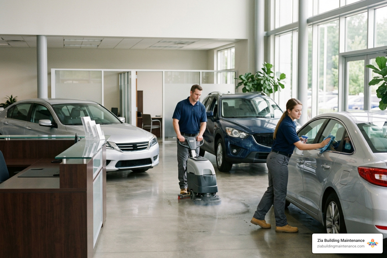 An autonomous floor scrubbing robot cleaning a polished concrete car dealership floor overnight An autonomous floor scrubbing robot cleaning a polished concrete car dealership floor overnight
