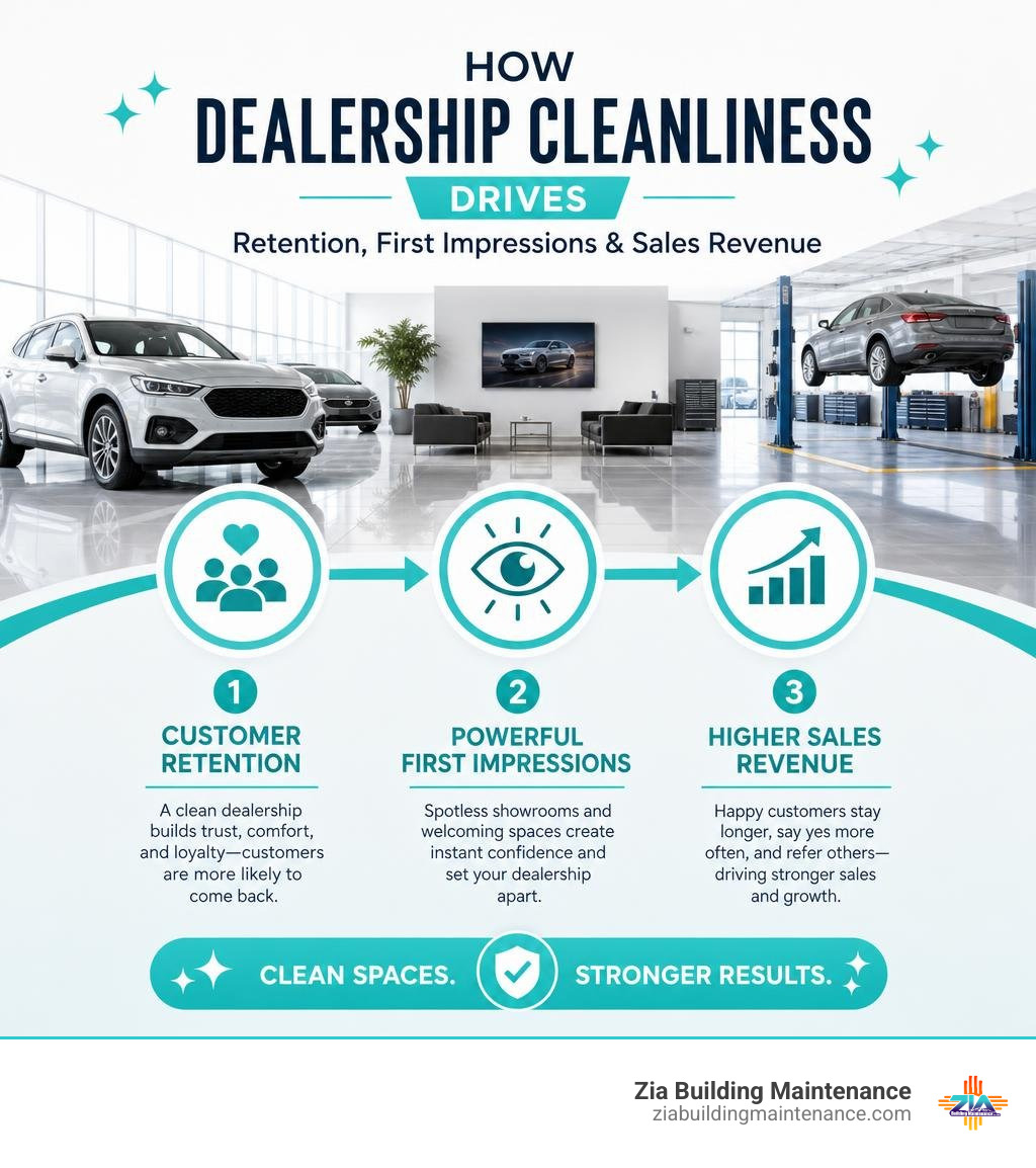 Infographic showing how dealership cleanliness impacts customer retention, first impressions, and sales revenue infographic Infographic showing how dealership cleanliness impacts customer retention, first impressions, and sales revenue infographic