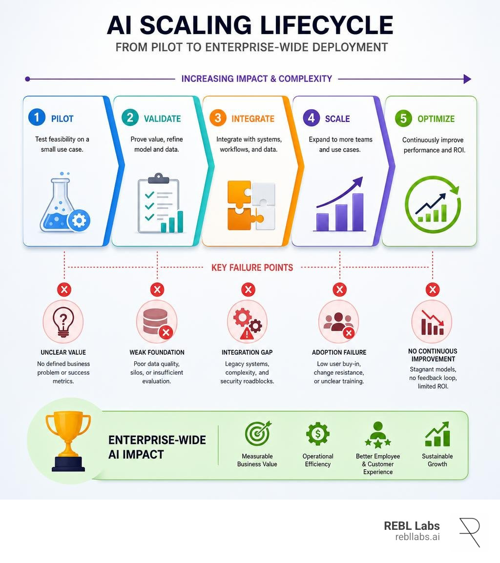 AI scaling lifecycle from pilot to enterprise-wide deployment with key stages and failure points infographic