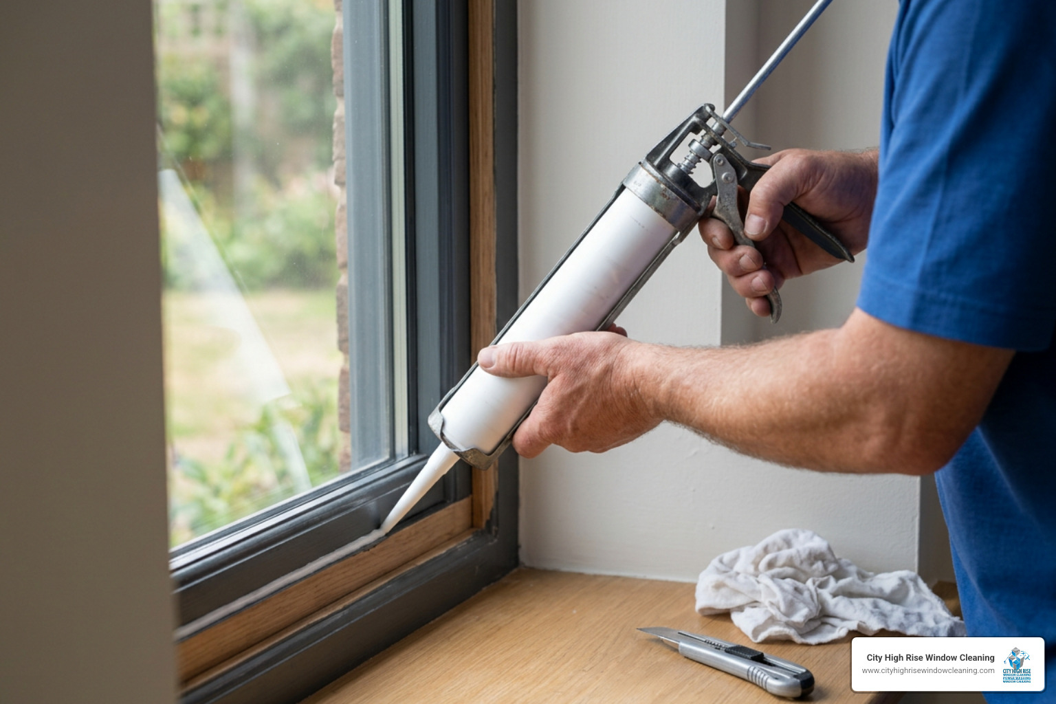 Step-by-step illustration of applying caulk to a window pane Step-by-step illustration of applying caulk to a window pane