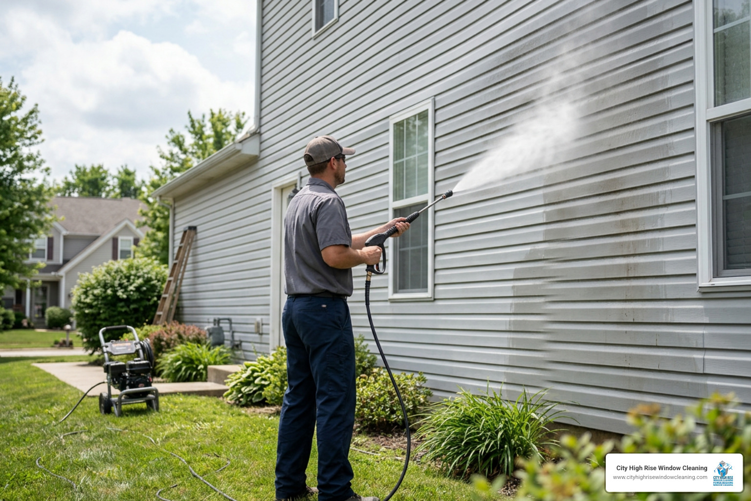 Technician pressure washing siding at a 45-degree angle Technician pressure washing siding at a 45-degree angle