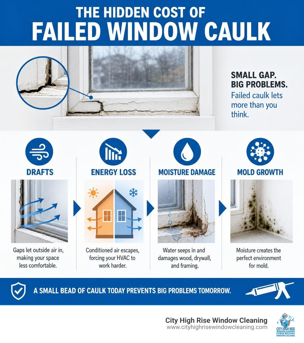 Infographic showing how failed window caulk causes drafts, energy loss, moisture damage, and mold infographic Infographic showing how failed window caulk causes drafts, energy loss, moisture damage, and mold infographic