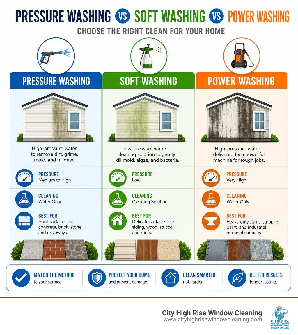 Pressure washing vs soft washing vs power washing comparison infographic infographic Pressure washing vs soft washing vs power washing comparison infographic infographic