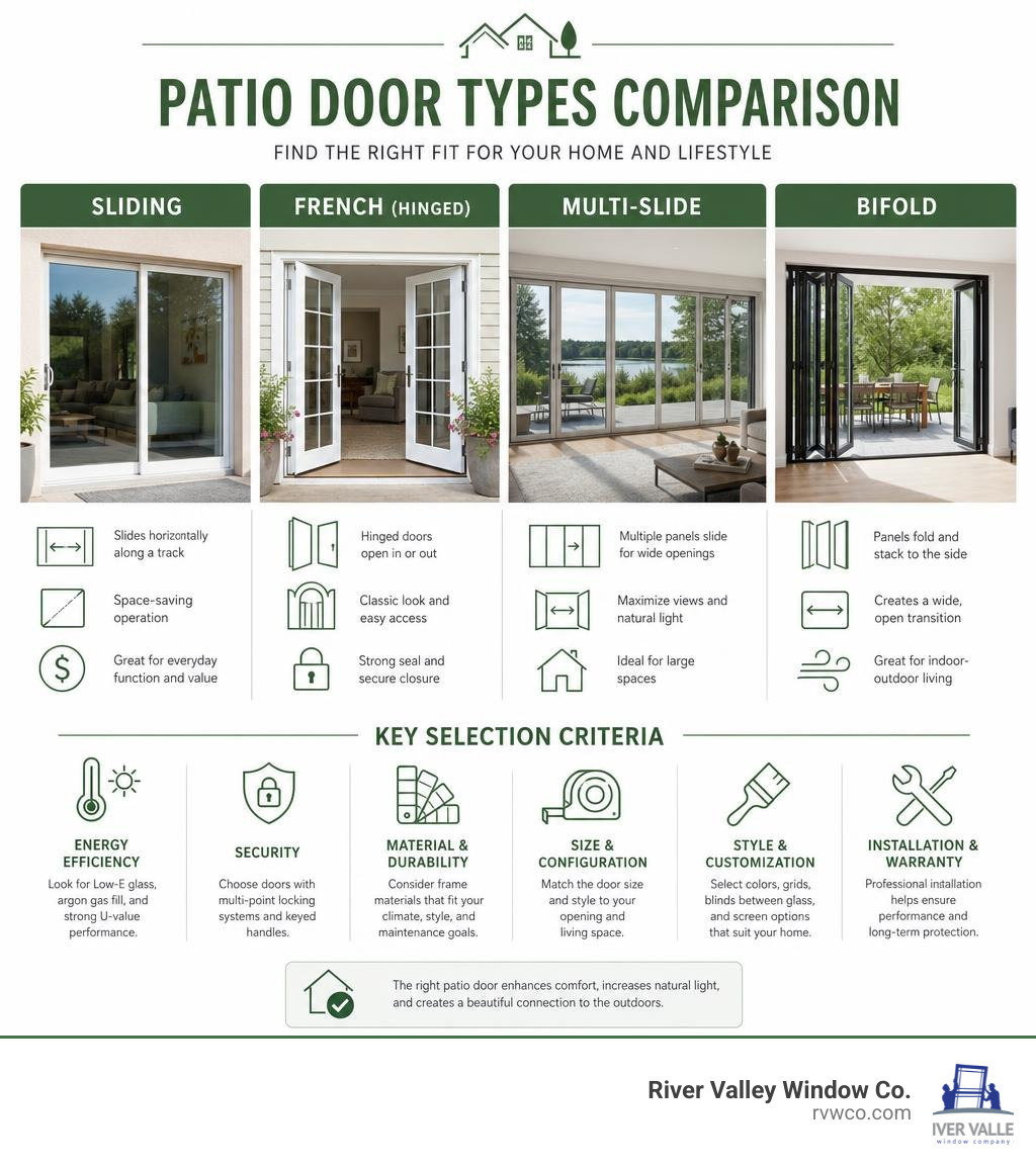 Patio door types comparison infographic: sliding, French, multi-slide, bifold with key selection criteria infographic Patio door types comparison infographic: sliding, French, multi-slide, bifold with key selection criteria infographic
