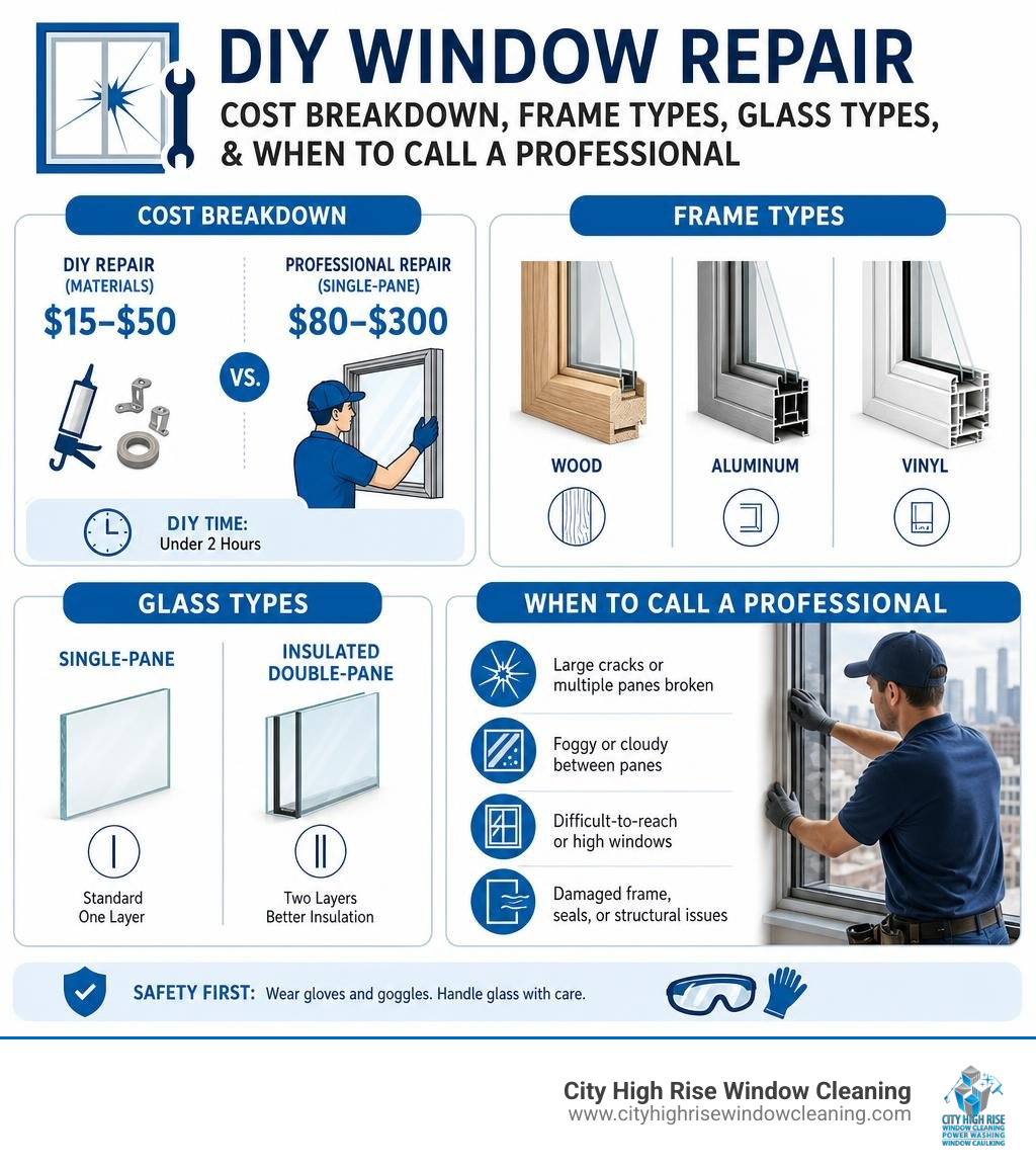 DIY window repair cost breakdown, frame types, glass types, and when to call a professional infographic DIY window repair cost breakdown, frame types, glass types, and when to call a professional infographic