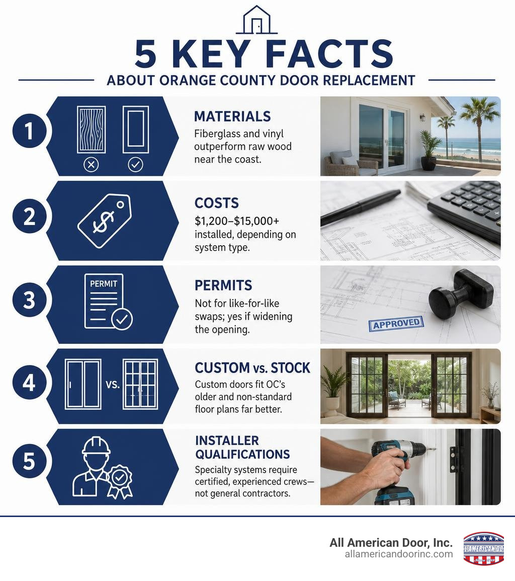 Infographic: 5 key facts about Orange County door replacement — materials, costs, permits, custom vs. stock, and installer Infographic: 5 key facts about Orange County door replacement — materials, costs, permits, custom vs. stock, and installer