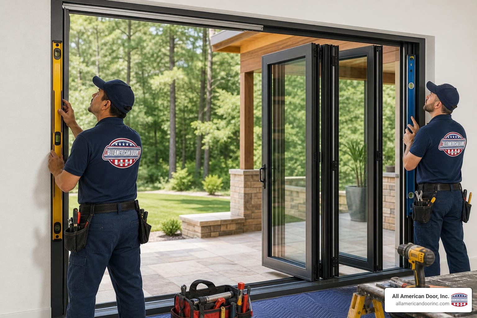 Professional door installers meticulously leveling a large-format folding door frame Professional door installers meticulously leveling a large-format folding door frame