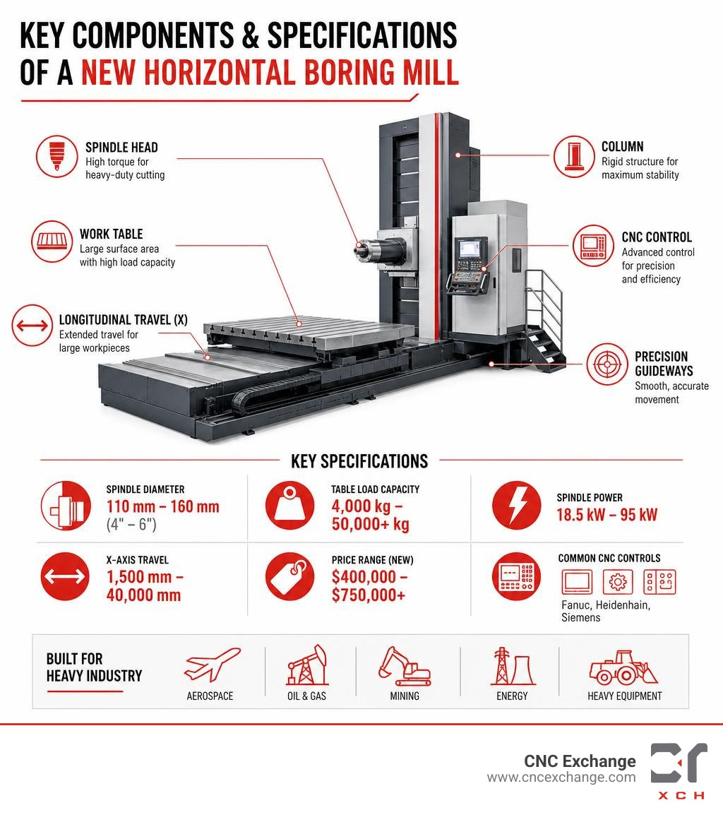 key components and specifications of a new horizontal boring mill infographic