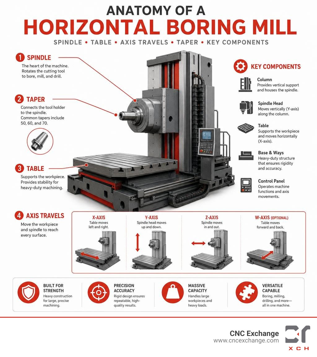Anatomy of a horizontal boring mill: spindle, table, axis travels, taper, and key components infographic Anatomy of a horizontal boring mill: spindle, table, axis travels, taper, and key components infographic