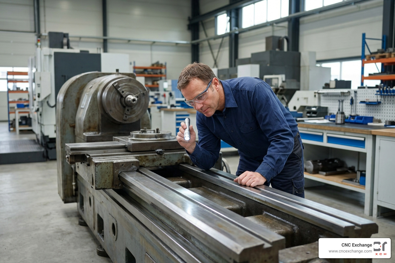 Technician inspecting guideways on a used horizontal boring mill