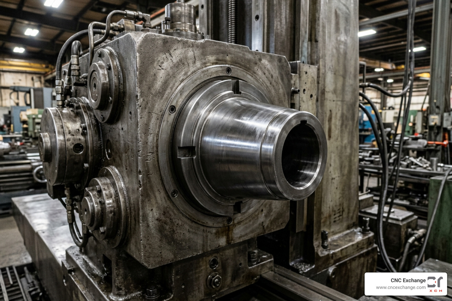 Close-up image of a heavy-duty boring mill spindle head with ISO 50 taper