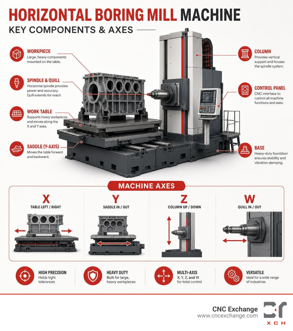 Key components and axes of a horizontal boring mill machine labeled diagram infographic