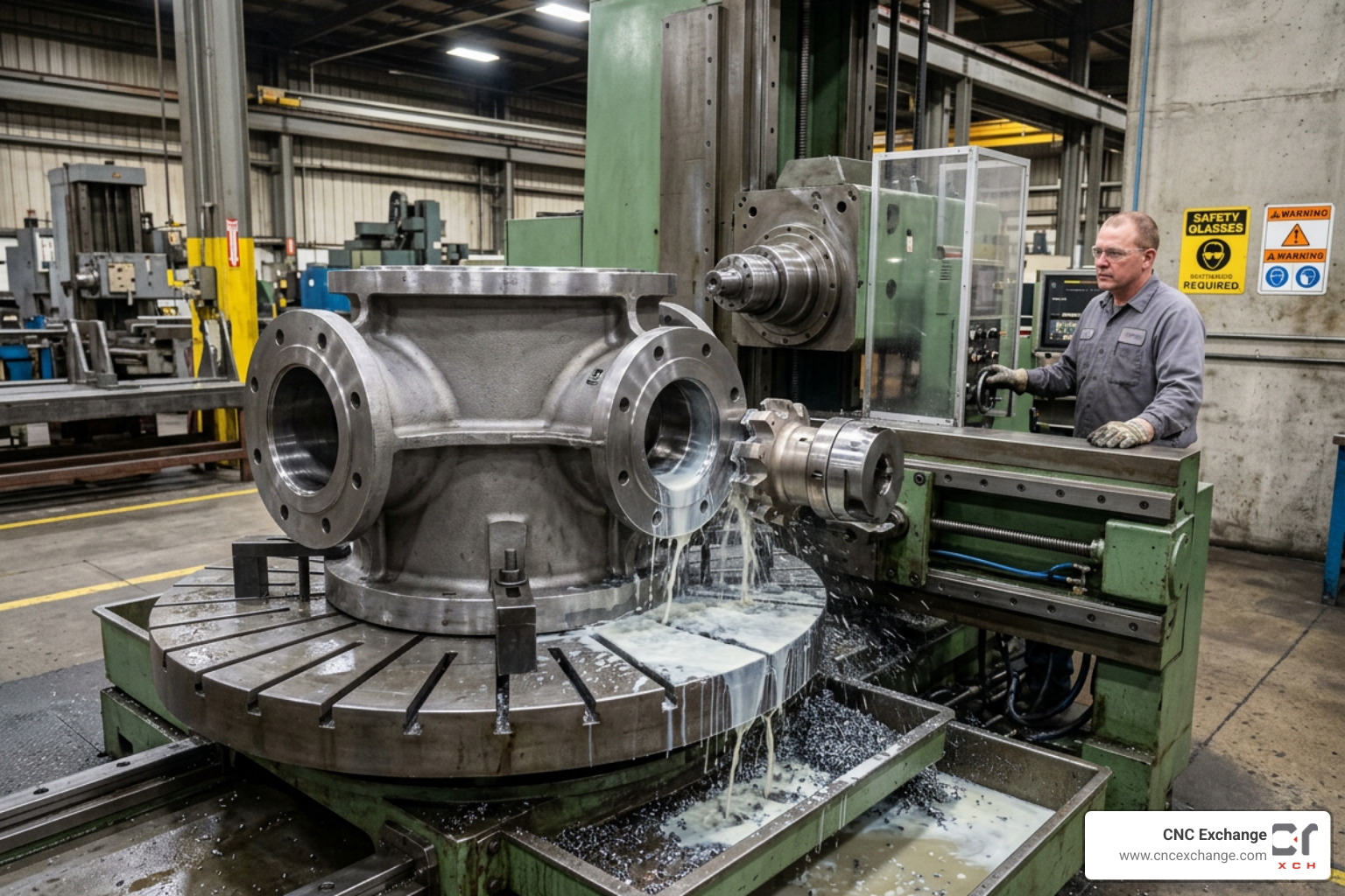 Heavy industrial workpiece being machined on a CNC horizontal boring mill Heavy industrial workpiece being machined on a CNC horizontal boring mill