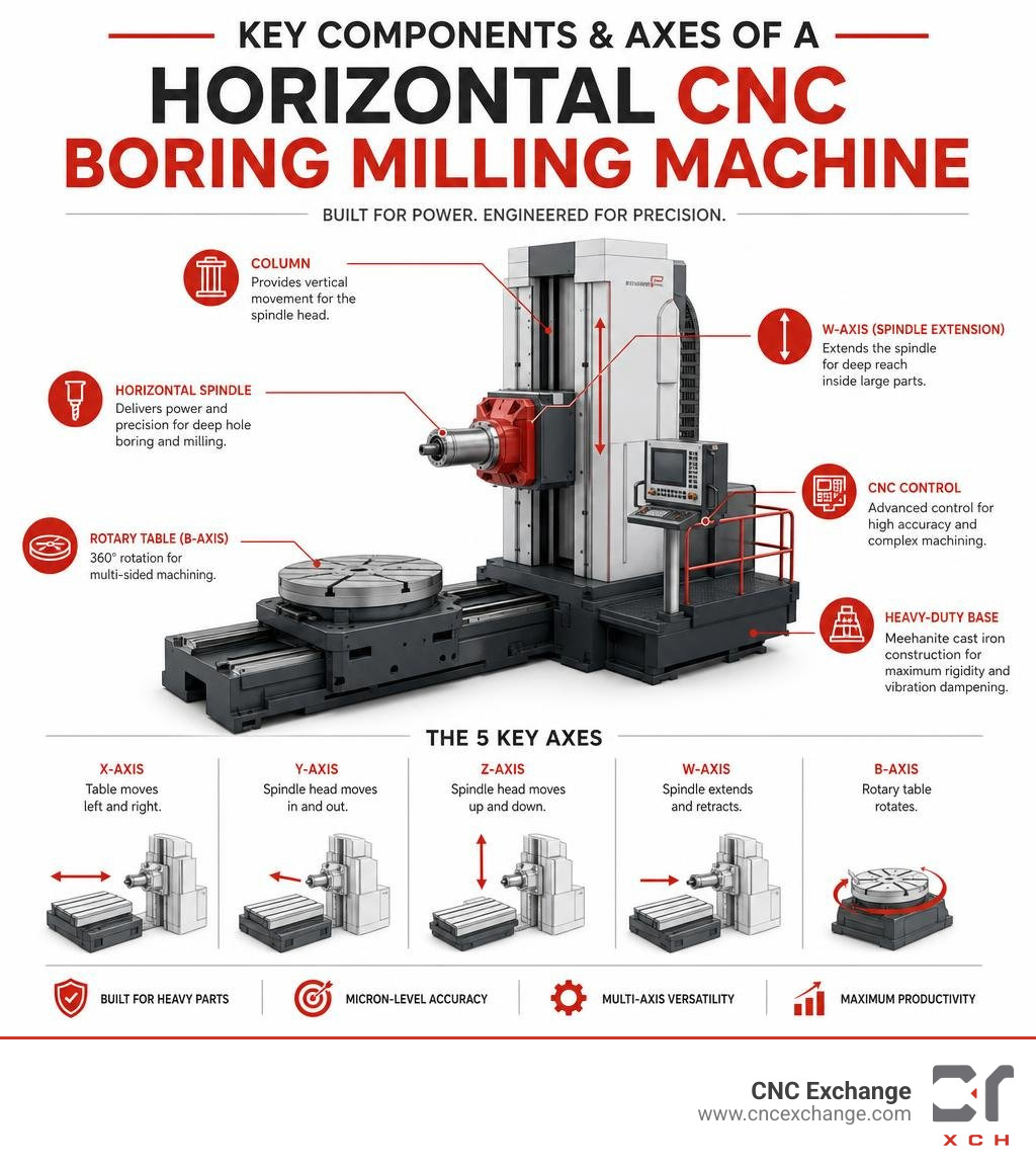Key components and axes of a horizontal CNC boring milling machine explained infographic Key components and axes of a horizontal CNC boring milling machine explained infographic