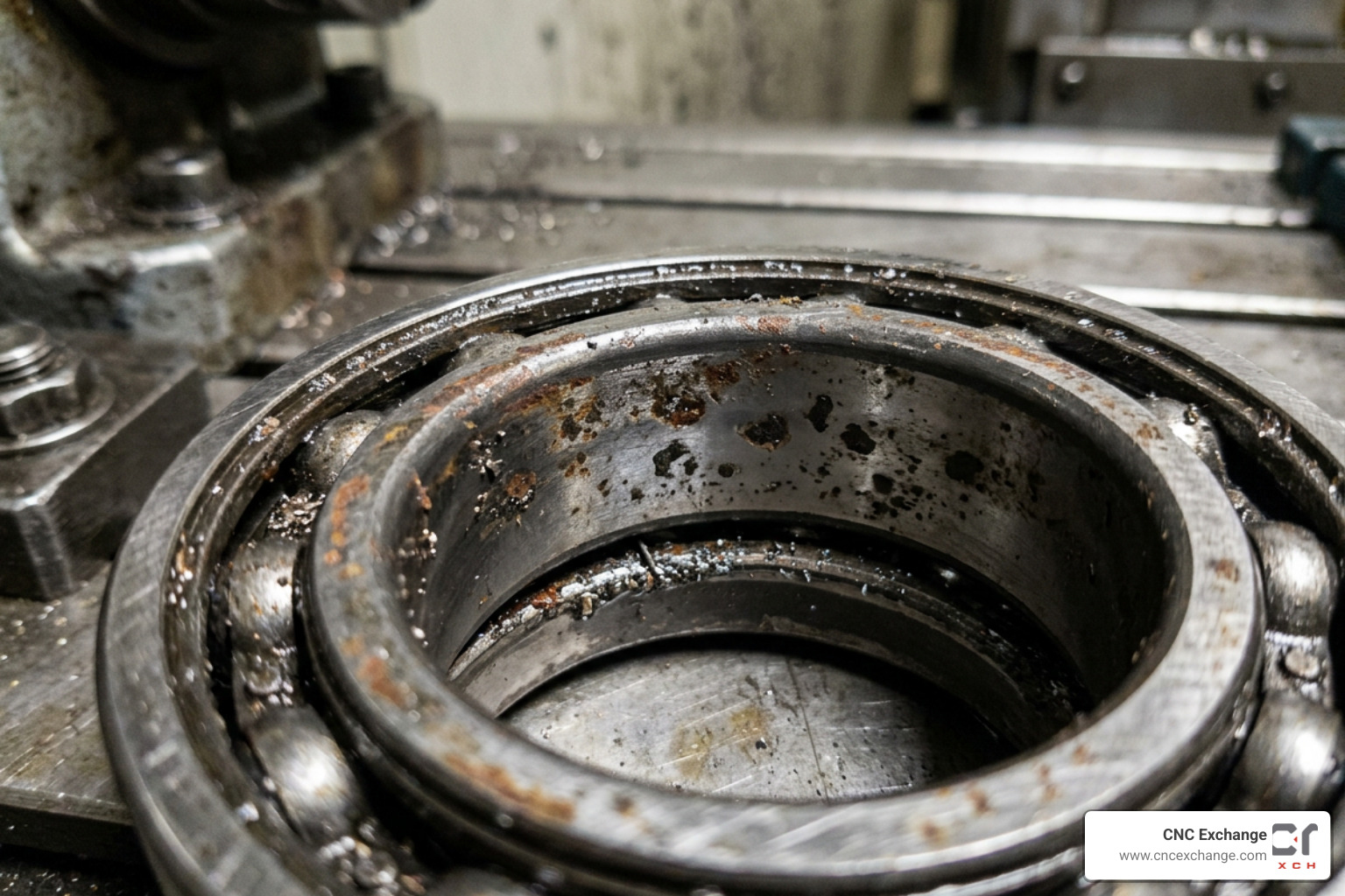 Worn spindle bearing showing coolant contamination and pitting Worn spindle bearing showing coolant contamination and pitting